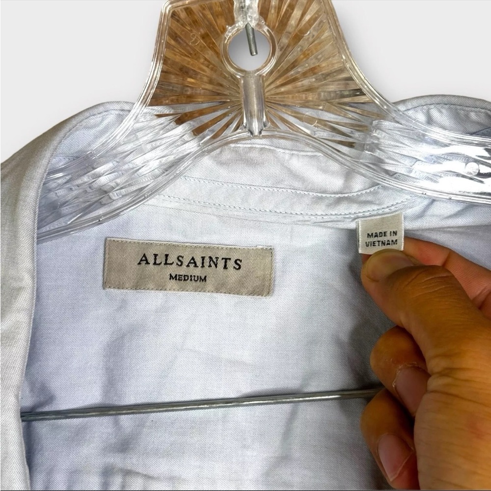 Allsaints 3/4 Sleeve Button Up Shirt Mens Medium Gray Solid Embroidered Logo - Picture 4 of 13